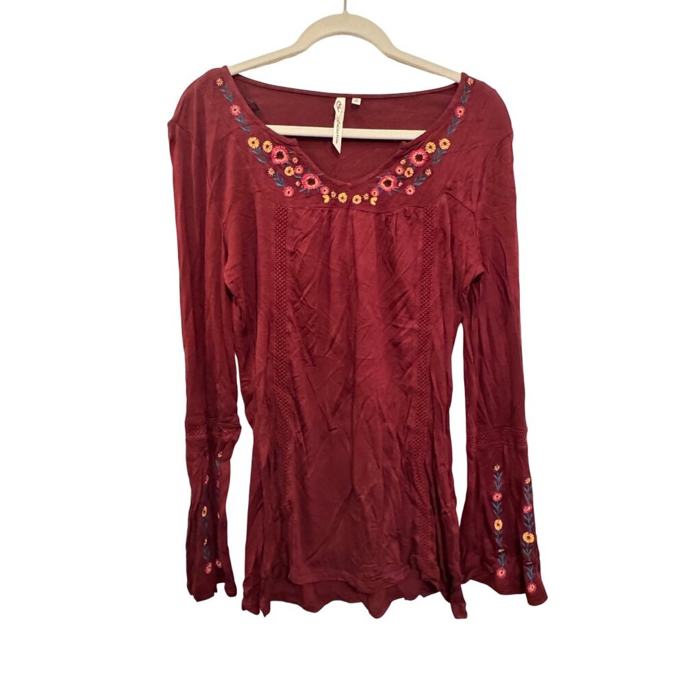 NY Collection Embroidered Boho Top Womens Small Long Sleeve Burgundy Rayon